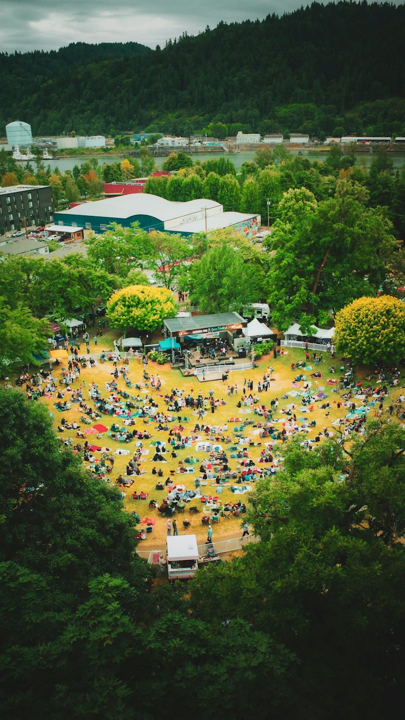 People enjoying a jazz festival on a grassy field in a park.